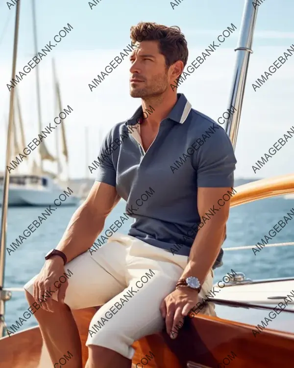 Capturing the style of a fit tanned man in an off-white polo against a sailboat backdrop