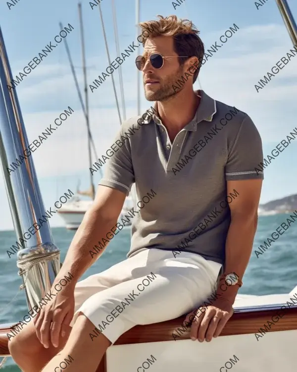 Unleashing the charisma of a fit tanned man wearing an off-white polo with a sailboat backdrop