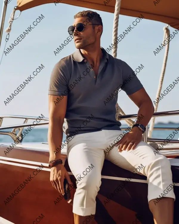 Exploring the allure of a fit tanned man in an off-white polo against a sailboat backdrop