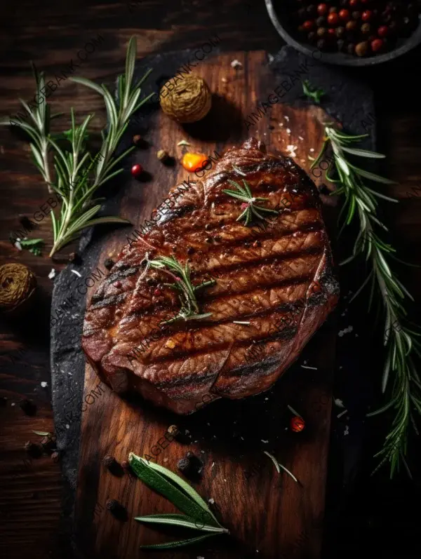 Capturing Grilled Delights: A Dark Wooden Surface Enhances a Beef Steak