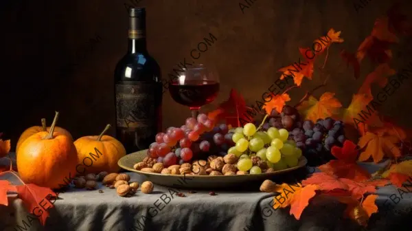 Abundance of Autumn: Bunches of Grapes, Pumpkins, and Berries on a Platter