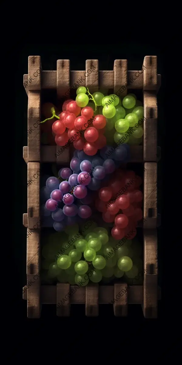 Vibrant Top View: Fresh Grapes Displayed in a Wooden Cage