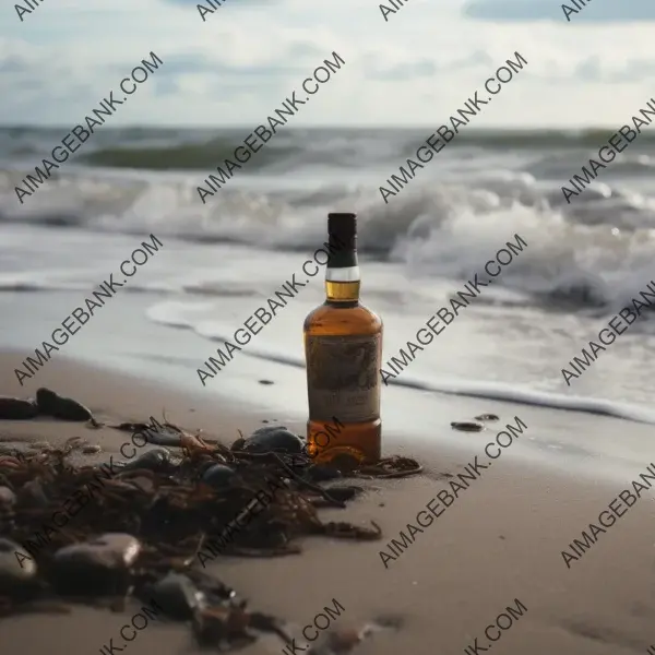 Bottle of whiskey on the beach captured with a 35mm lens