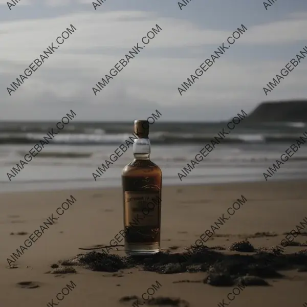 35mm lens photo of a whiskey bottle on the beach