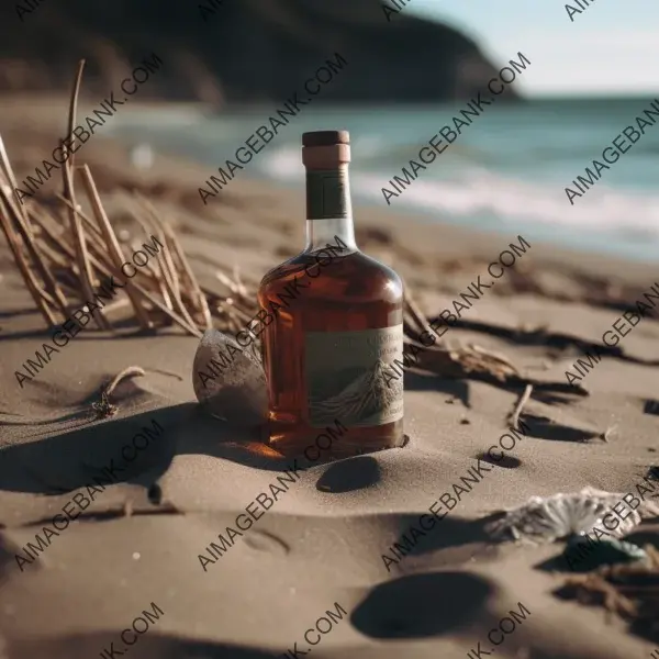 Whiskey bottle captured on the beach with a 35mm lens