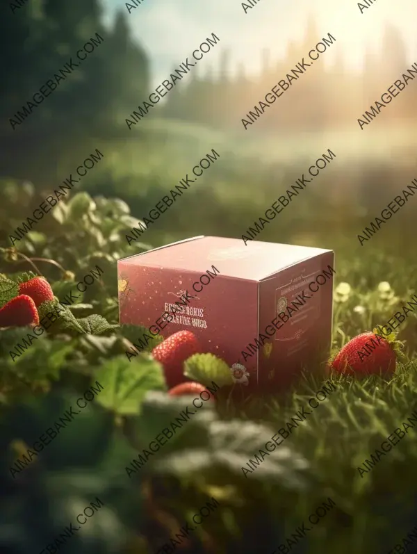 Pack of tea with strawberry flavor in a green meadow