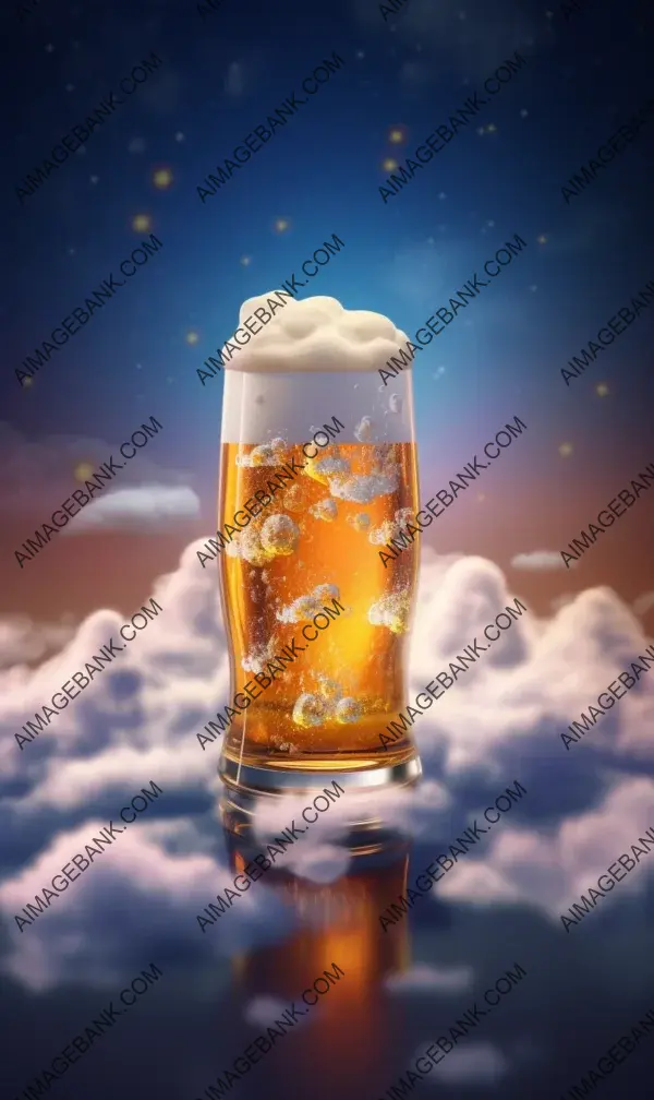 A dreamy beer experience: a glass floating among the clouds