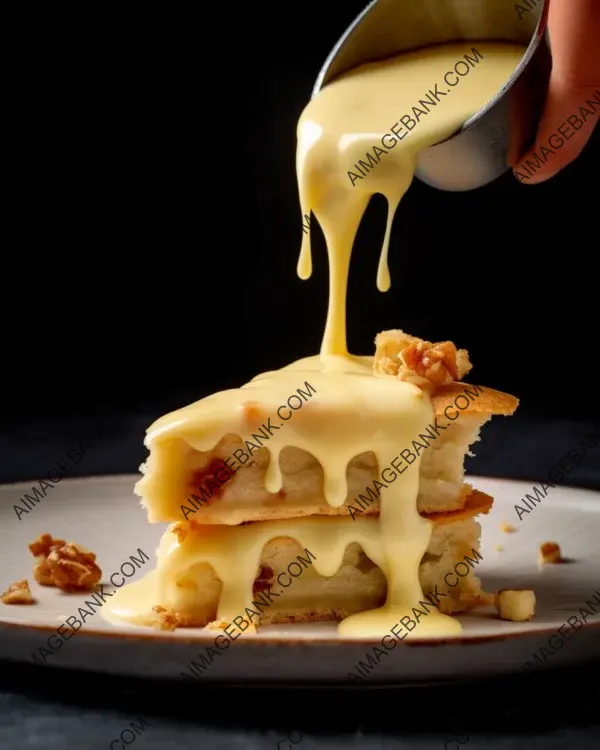 Savoring a slice: a close-up of an apple pie with custard sauce