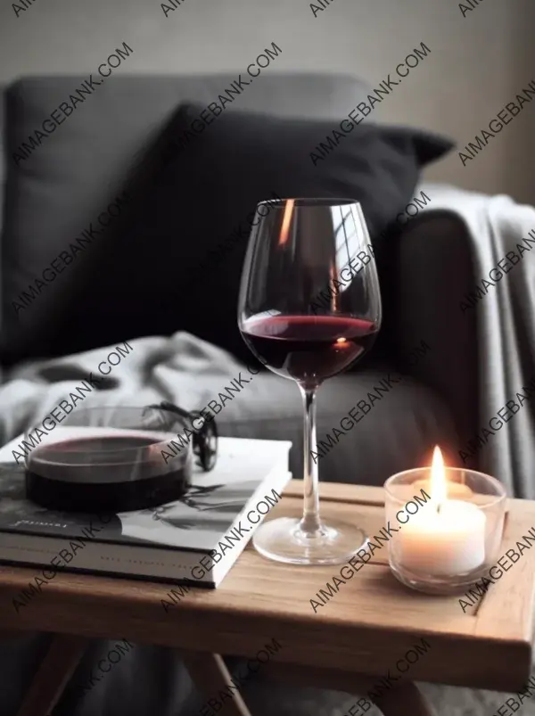 Stylish Wine Glass and Magazine on Wooden Table