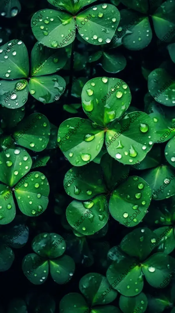 The clover leafs in the photo are surrounded by drops.