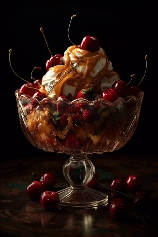 The photo showcases a sundae adorned with cherries and caramel syrup in stunning food photography.