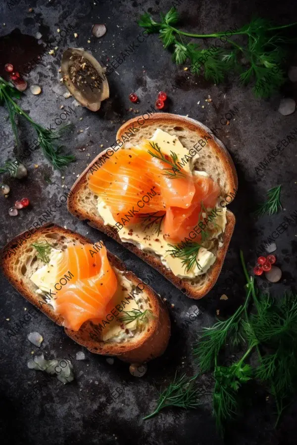 The photo of toasted bread with butter and salmon pieces is perfect for a restaurant setting.