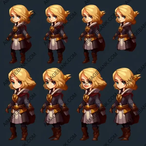 Sprite sheet showcasing a blonde woman thief character