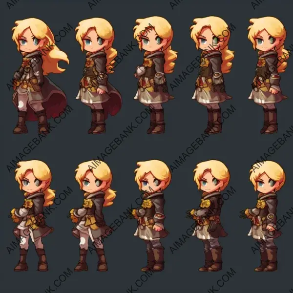 Sprite sheet displaying the animations of a blonde woman thief character