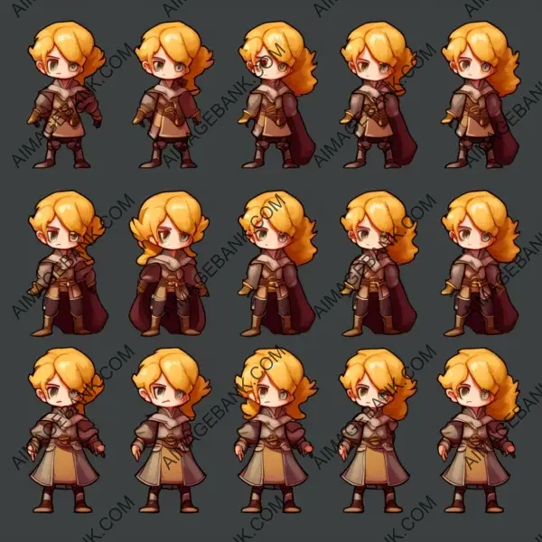 Designing a sprite sheet showcasing the movements of a blonde woman thief character