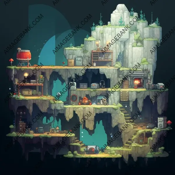 Crafting Tales: Unveiling Cave Treasures through Pixel Art Style Storytelling