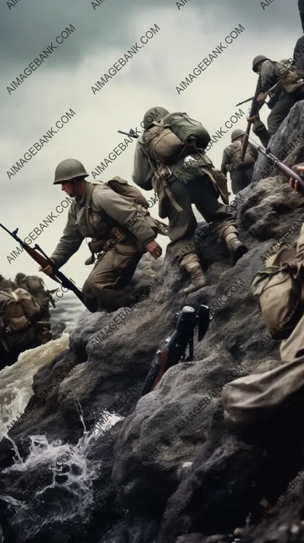 The path to victory: soldiers scaling a cliff on a beach in a daring display of bravery