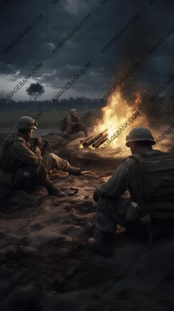 Bonds of brotherhood: capturing the camaraderie of military soldiers gathered around a campfire in a photorealistic style