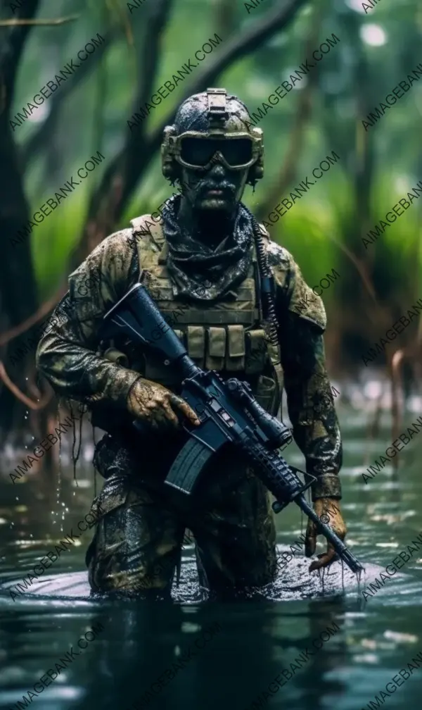 Soldier&#8217;s Disguise: Half-Face Hidden in the Swamp