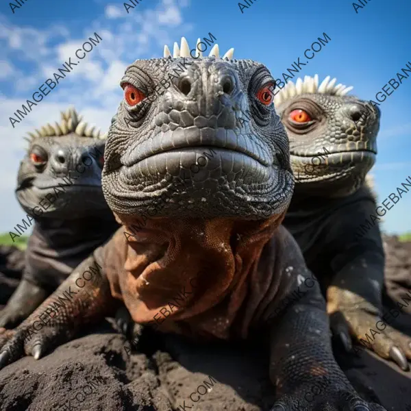 In a frame: marine iguanas, a group in the Galapagos