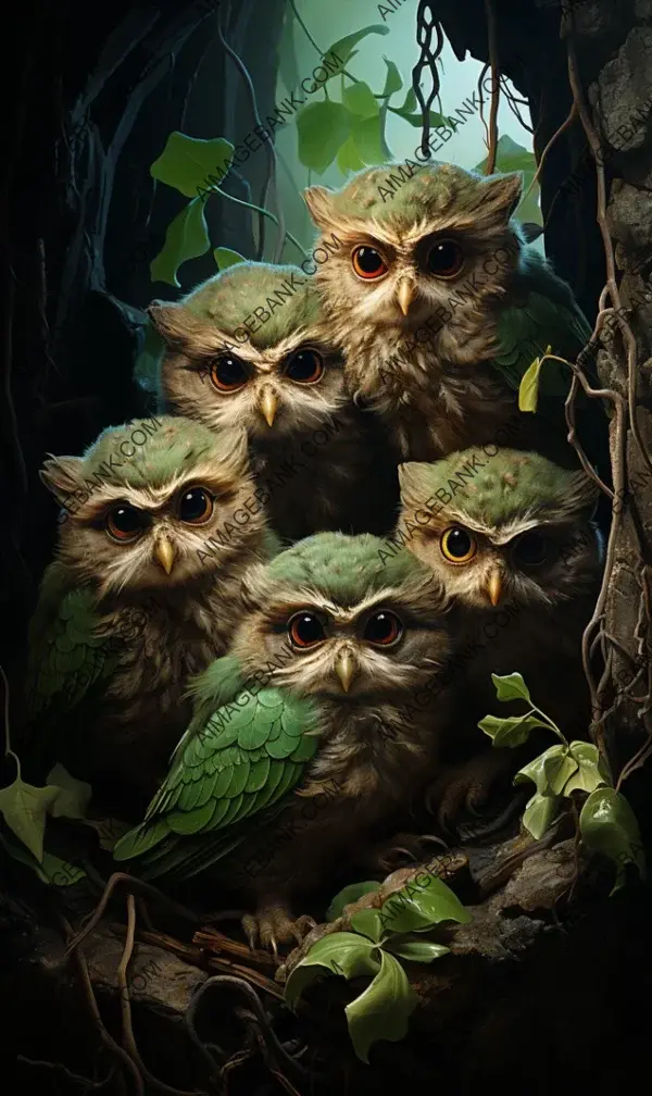 Owls in a hole, image creatively framed as an art print