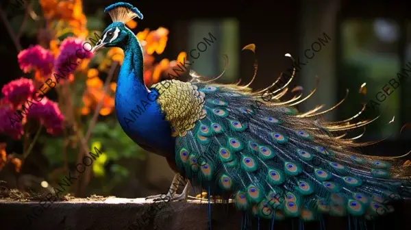 In a frame: the peacock captured in its display as it spreads its feathers