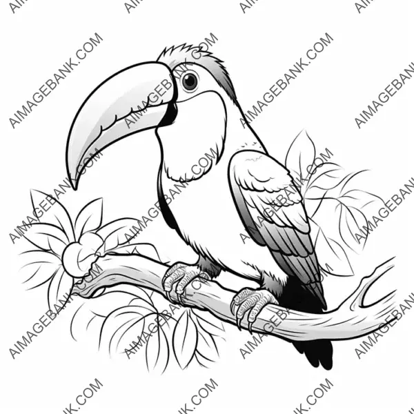 Whimsical toucan illustration for a fun coloring experience.