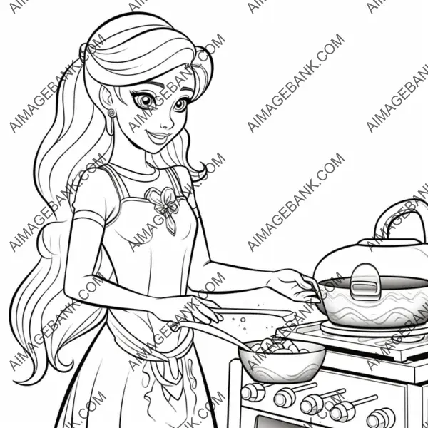 Add a burst of color to Barbie&#8217;s cooking adventure in this captivating coloring page.