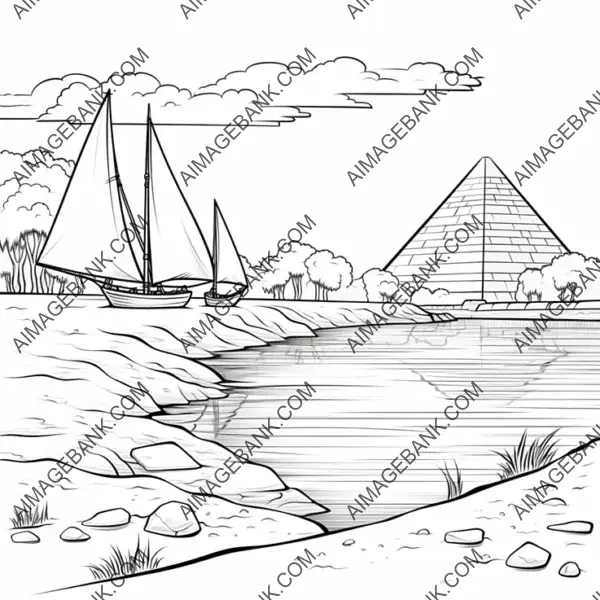 Explore the ancient wonders of the Nile with this coloring page showcasing kids along the riverbank.