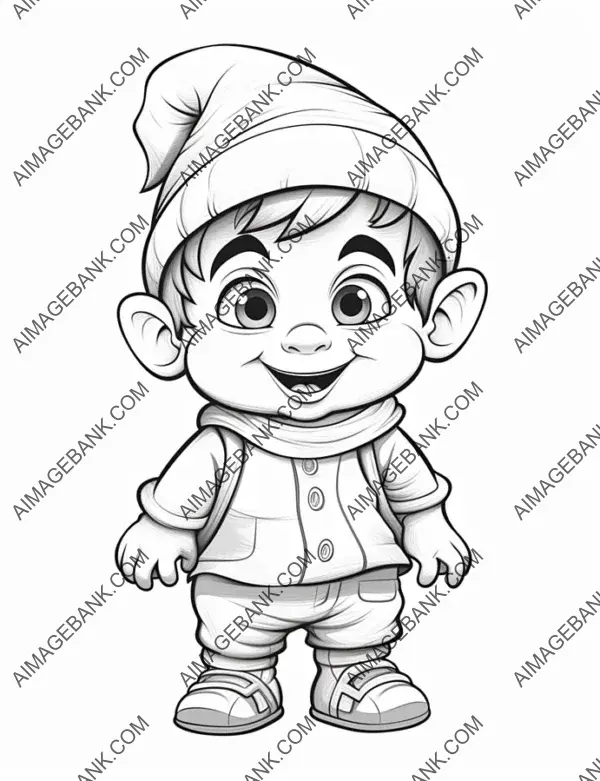 Baby gnome with a comical big nose depicted in a Pixar-style illustration for coloring
