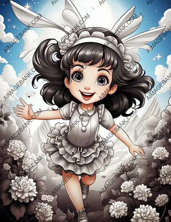 Playful cartoon fairy gracefully soaring through air