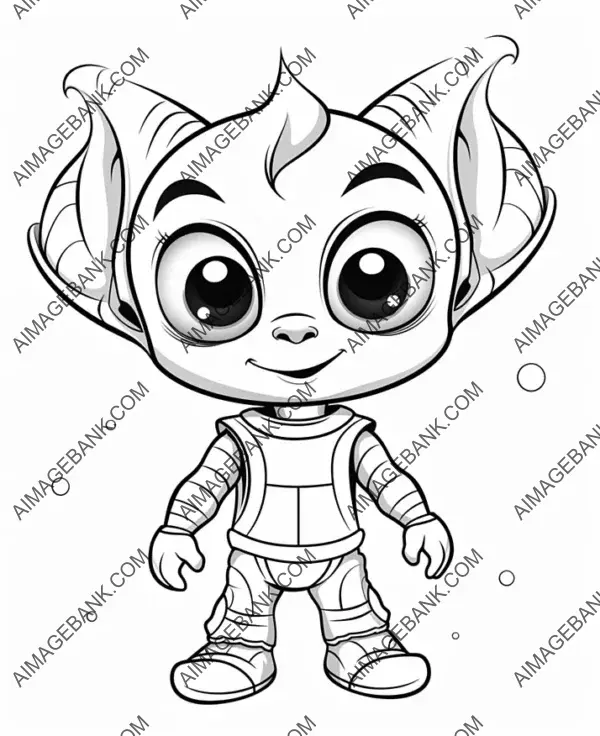 Playful cartoon-style baby alien coloring page, no shading