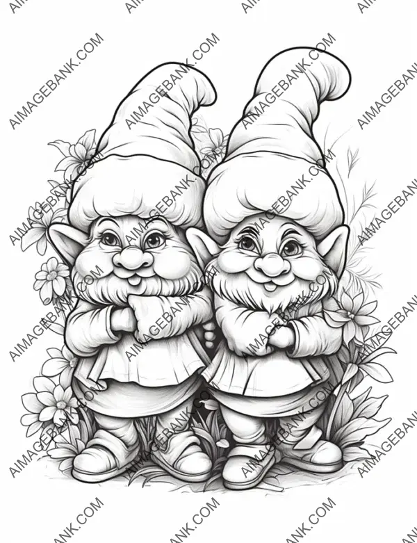 Playful coloring: Cute baby gnome with big nose in snowy surroundings, colored version with a touch of white