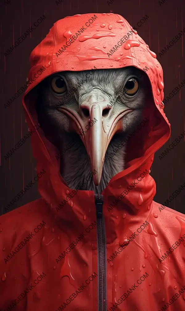 Embracing the rain, a stylish red ostrich wears a charming raincoat.