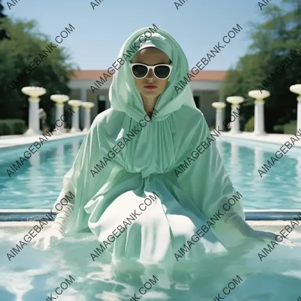 The poolside bride soaks up retro vibes in her vintage-inspired attire.