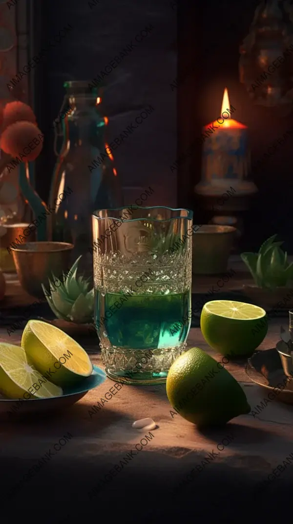 Discover the allure of the most delicious tequila as light particles dance in a hazy setting.