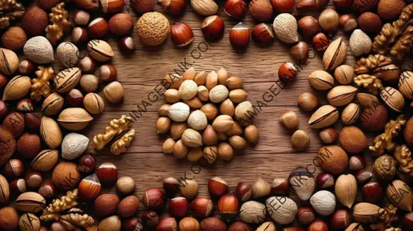 Experience the richness and textures of nuts captured in a symmetrical arrangement in this photo.