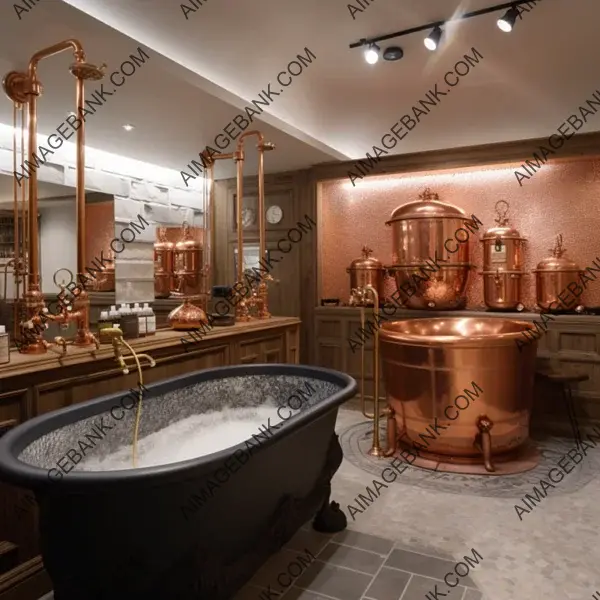 Let the copper essence in the grand bathroom of an alchemist transport you to a different era.