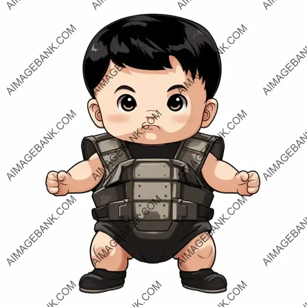 Baby demonstrating strength in bulletproof outfit