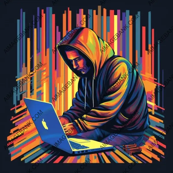 Album covera hooded man uses laptop keyboard mysterious