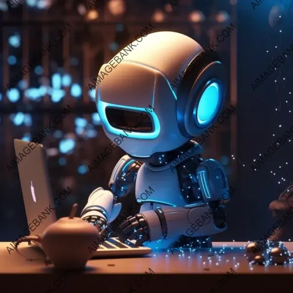 Cute robot working computer friendly