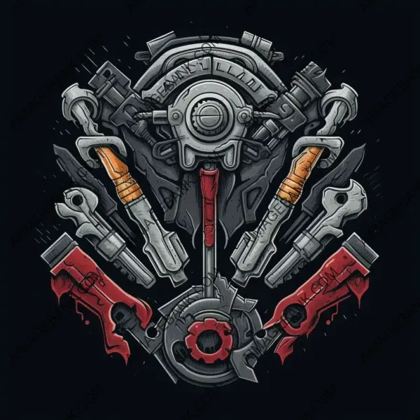 Expressing the dynamic energy of engines through a logo featuring wrenches and diesel pistons