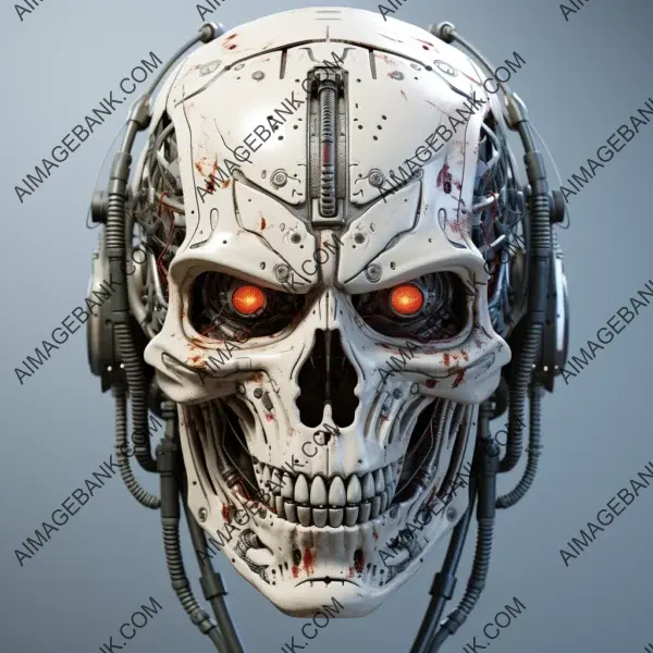 Creepy Robot Head and Skull Isolated on White Background