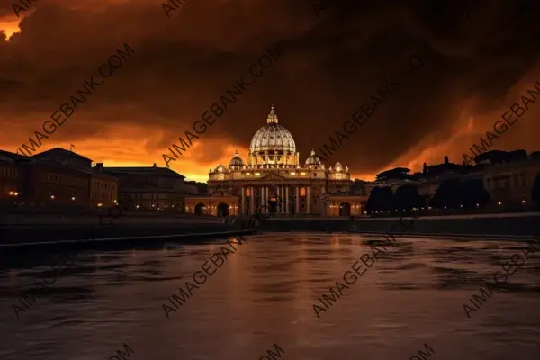 High-contrast view of the Vatican against an orange sky