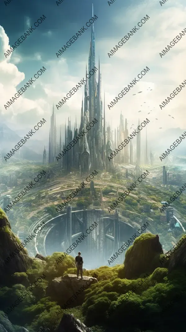 Dreamlike Metropolis: Cinematic City with Towering Structures Rising Out