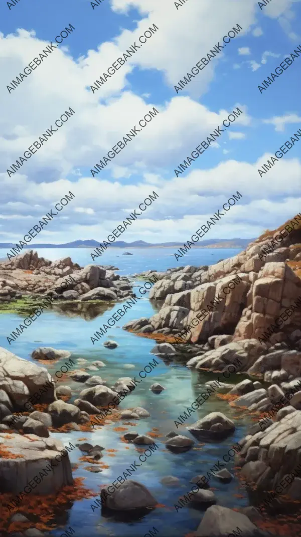 Water&#8217;s Tranquil Beauty: Painting of a Rocky Shore