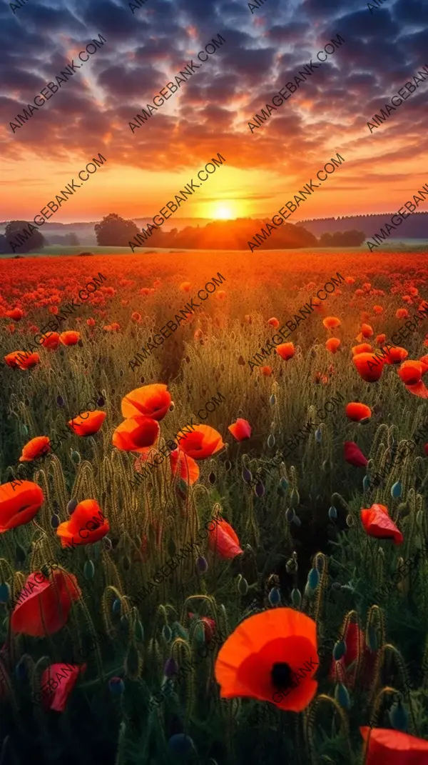 Golden hour magic: ambient glow of sunrise over poppy-filled field