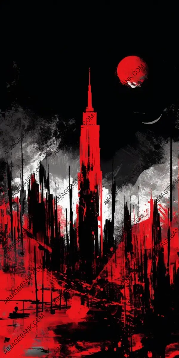 Gothic cityscape features striking red tower