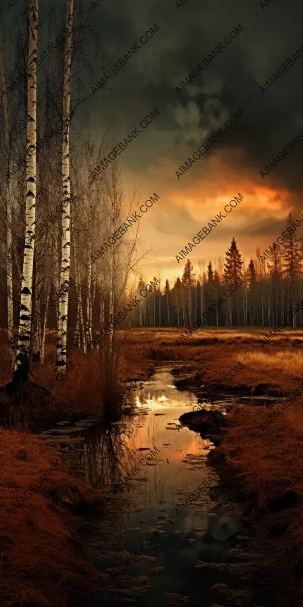 Mystical Sunset: Cloudy Dusk over Birch Trees in the Swamp