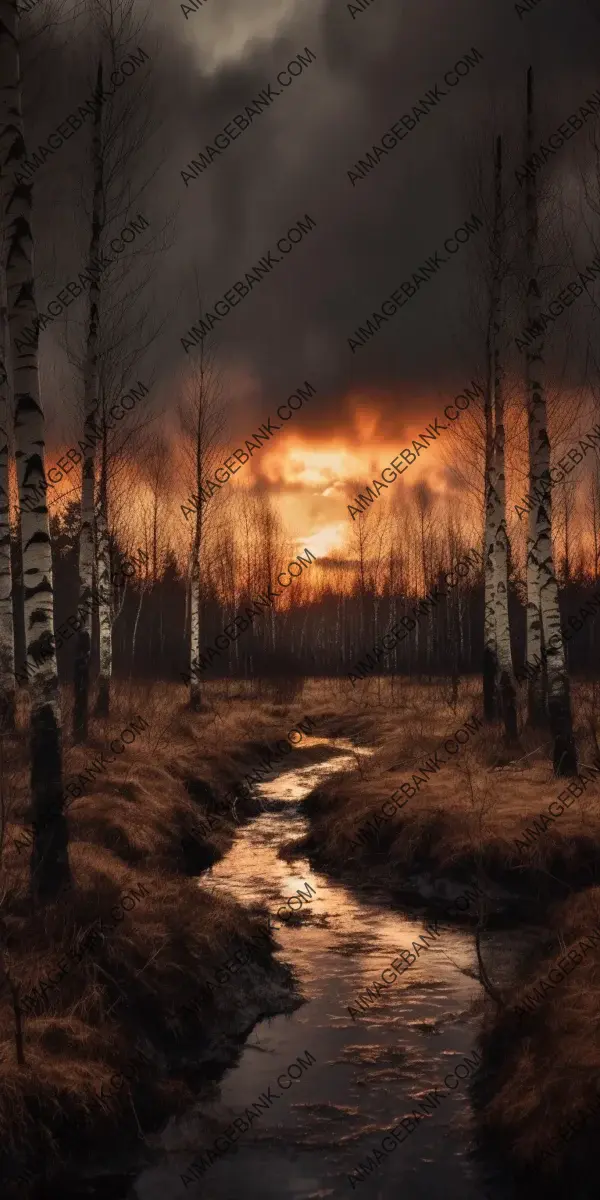 Enchanting Evening: Cloudy Dark Sunset over Birch Trees in the Swamp